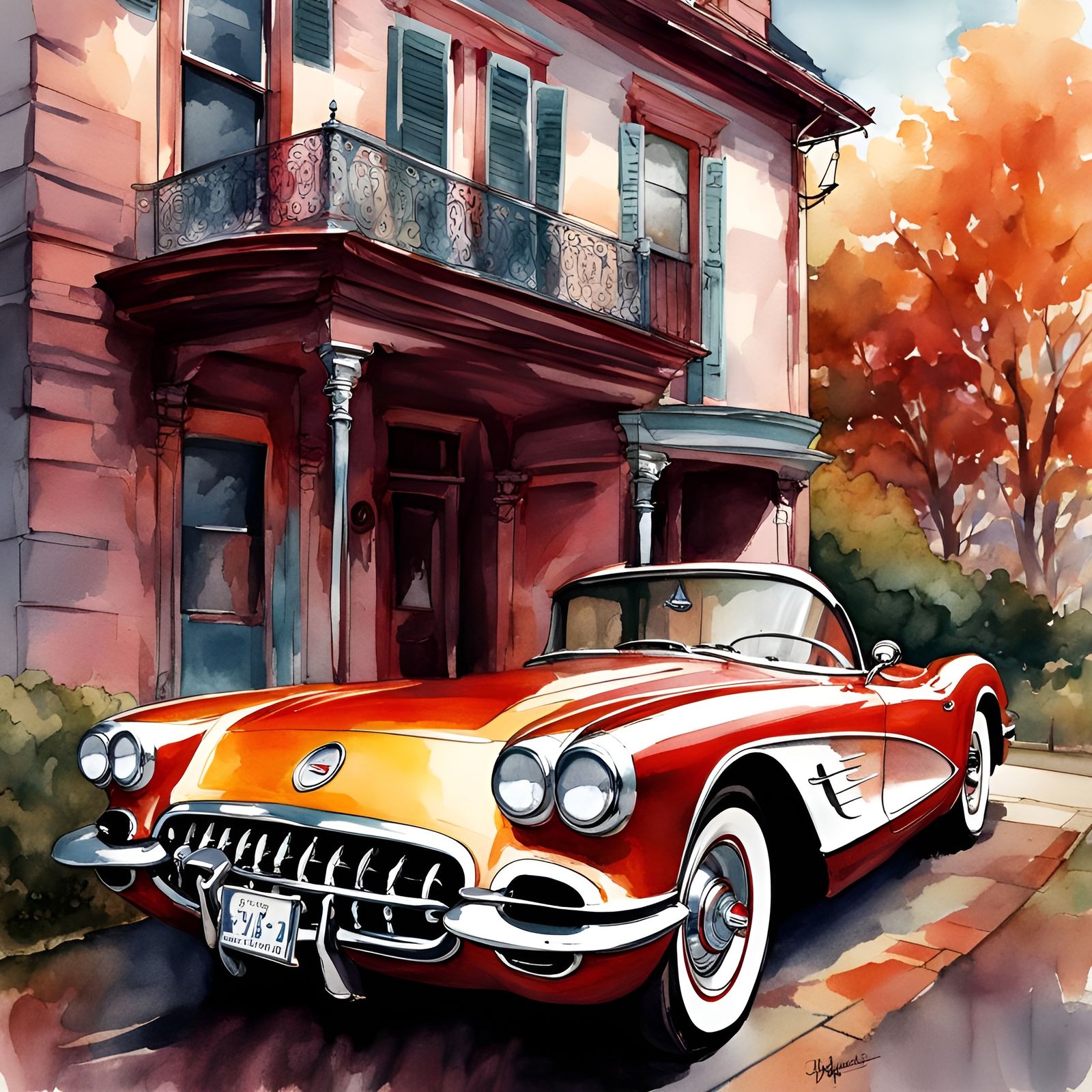 Classic 1955 Corvette in Watercolor Style