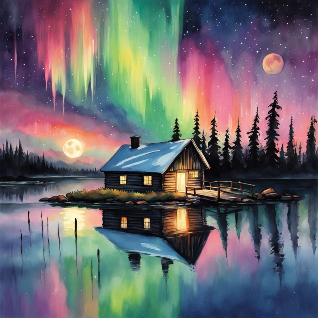 Watercolor Cabin by Lake Under Rainbow Aurora