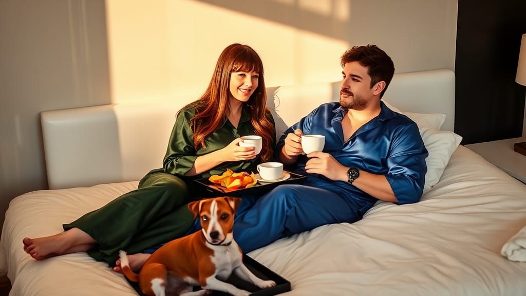 Couple's Tranquil Breakfast in Bed, Warm Sunlight