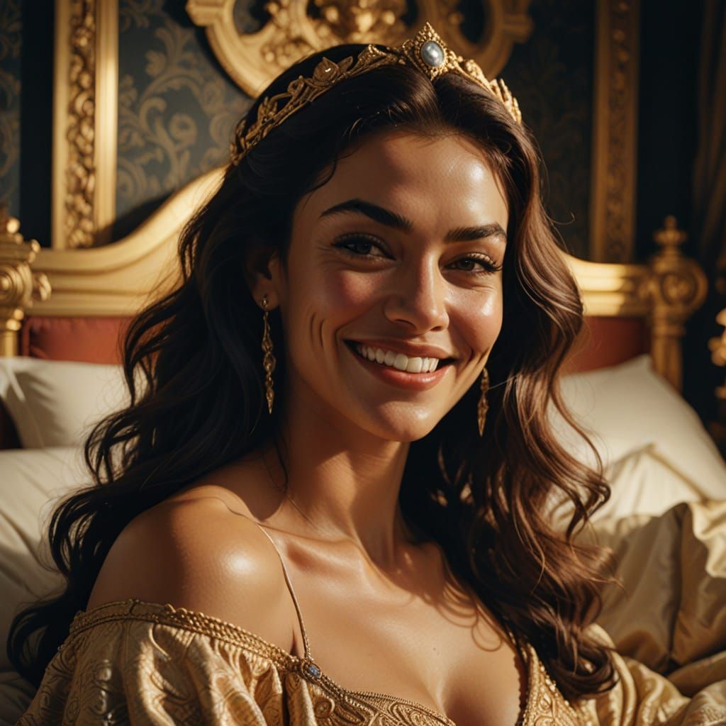 Smiling Supermodel in Lavish Bed with Golden Lighting