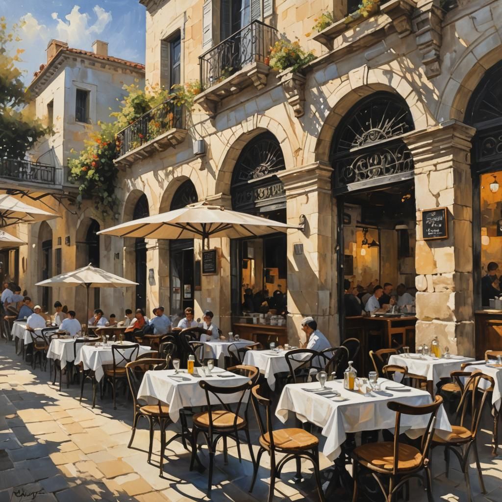 Greek Cafe Restaurant in Impressionist Oil Painting Style