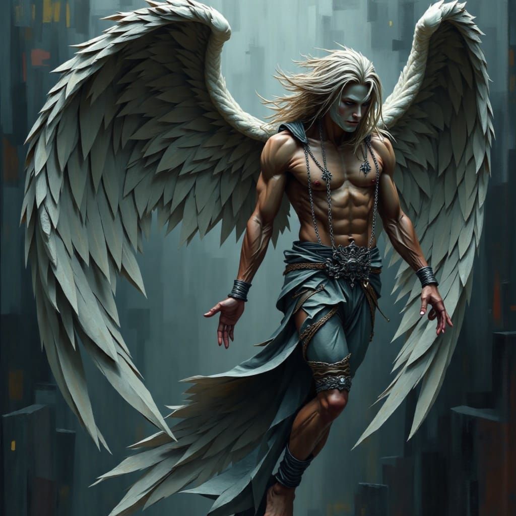 Dramatic Portrait of a Fallen Angel Bound in Silver Chains