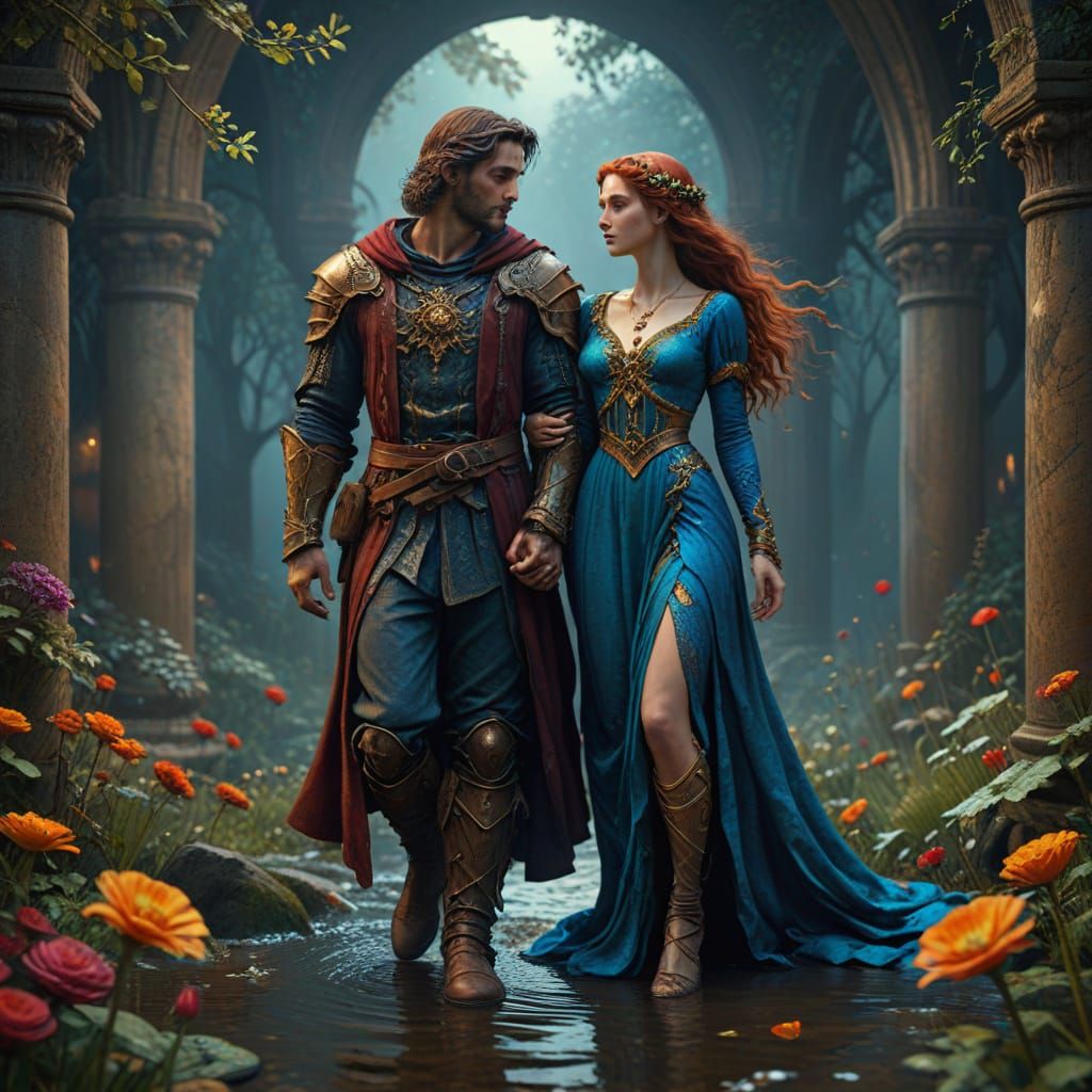 Ethereal Lovers in Vibrant Fantasy Landscape