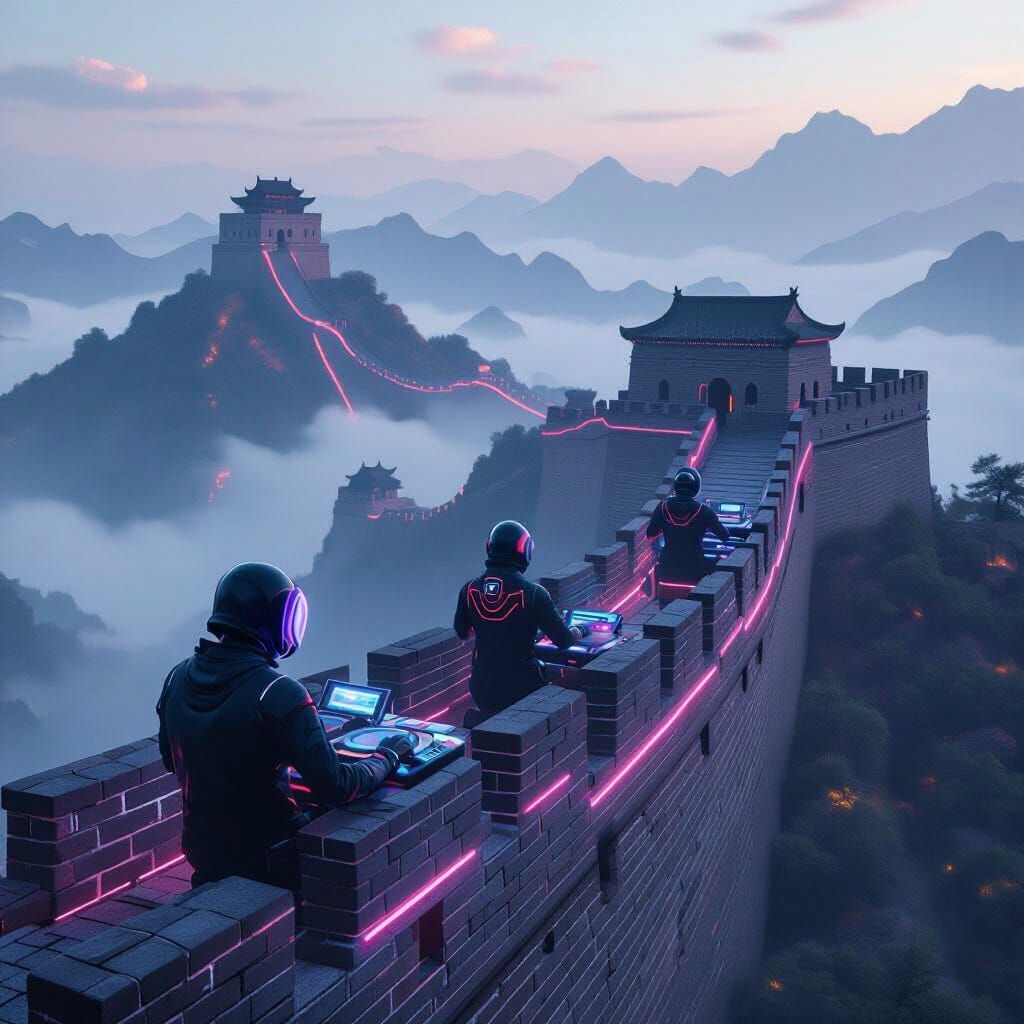 Faceless DJs Floating on the Great Wall