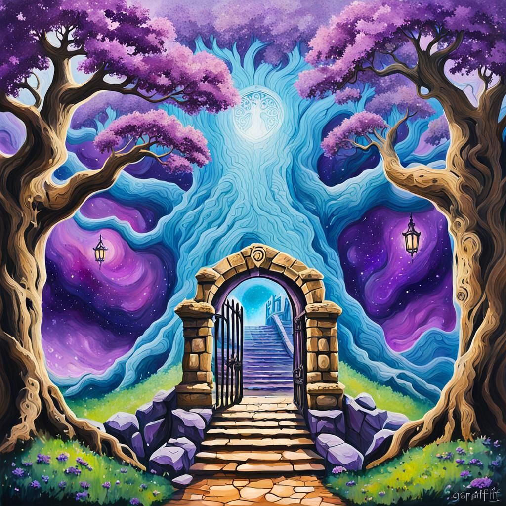 Amethyst Portal in Ancient Oak Tree: Graffiti Art