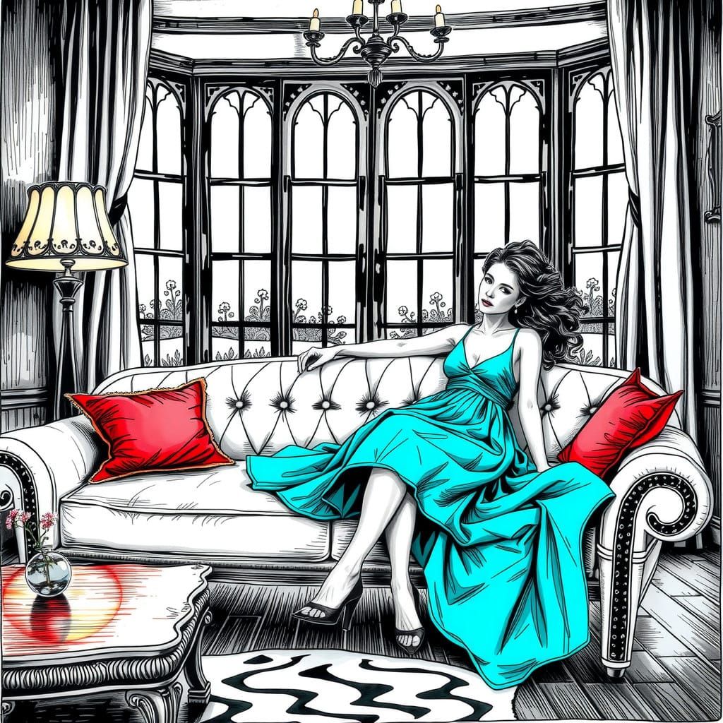 Intricate Ink Drawing of a Woman on a Sofa