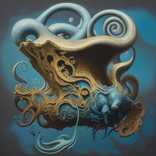 Elderly Woman Embraces Tardigrade in Surrealist Painting