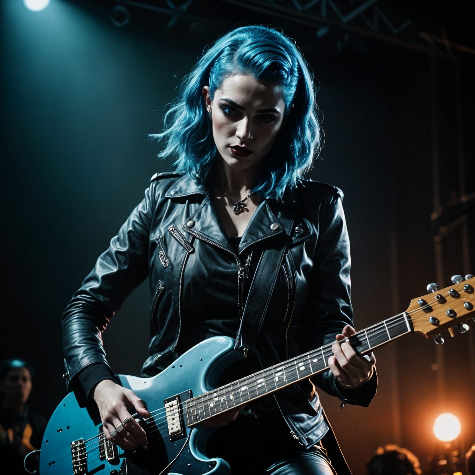A rockabilly vampire girl with blue hair on stage, playing t...