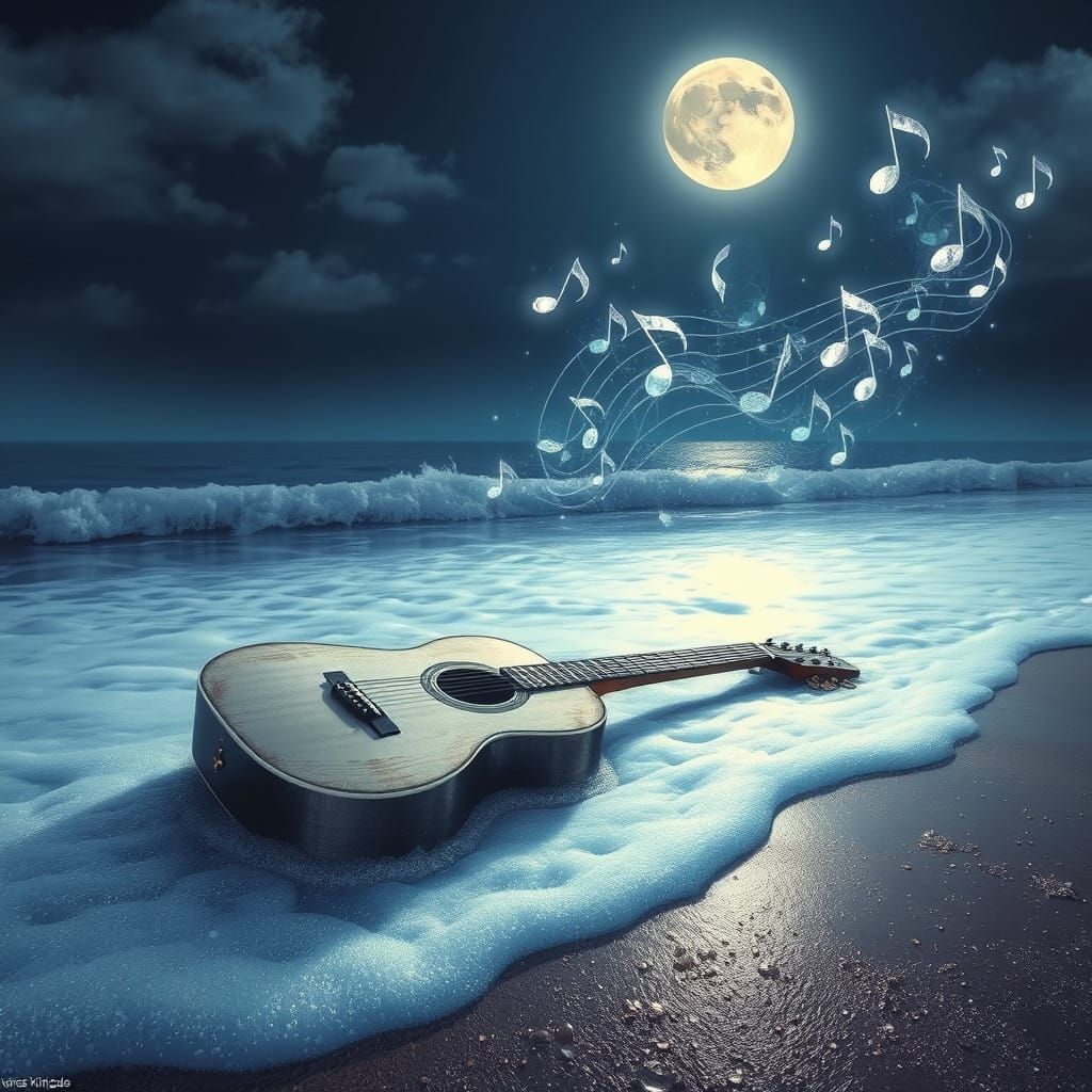 Glowing Music Notes Rise from Sea Foam on Moonlit Shore