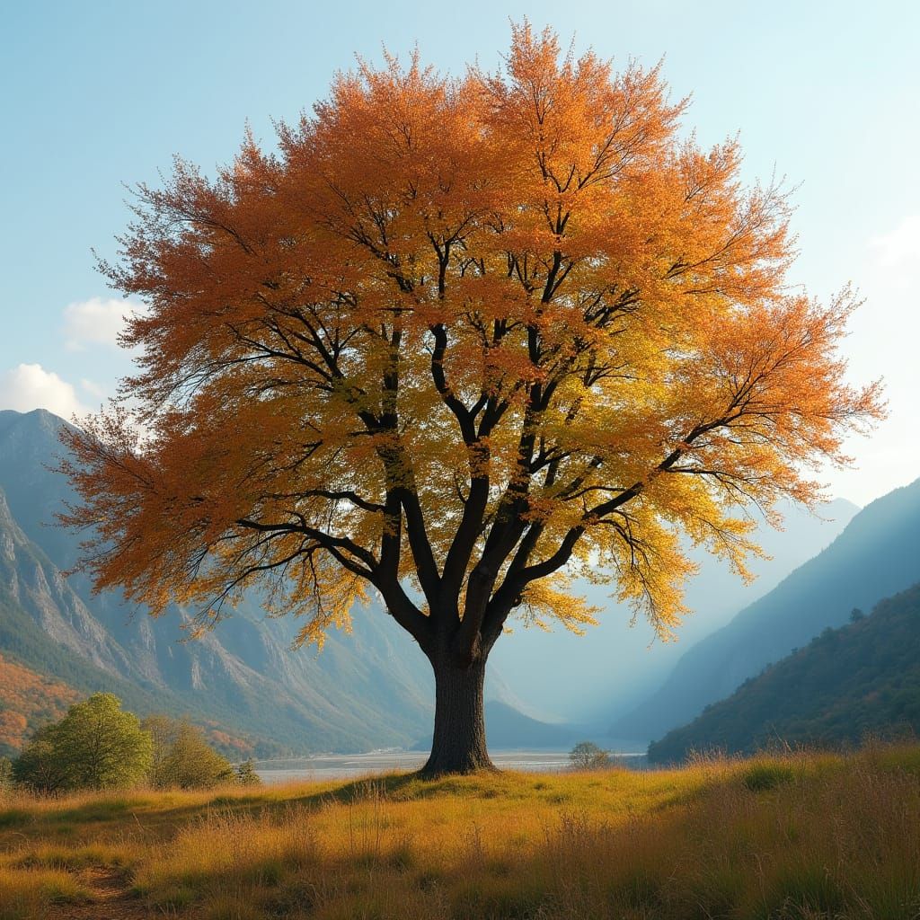 Autumn Oak Tree Majestically Dominates a Vibrant Landscape
