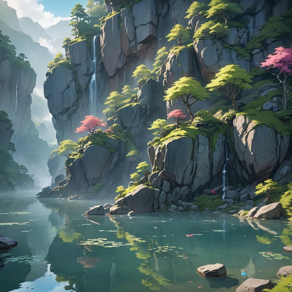 Serene Lakeside Cliff in Vibrant 3D Anime Style