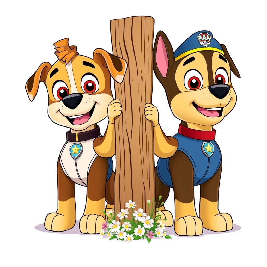 Paw Patrol Dogs Marshall and Chase Hold Wooden Plank