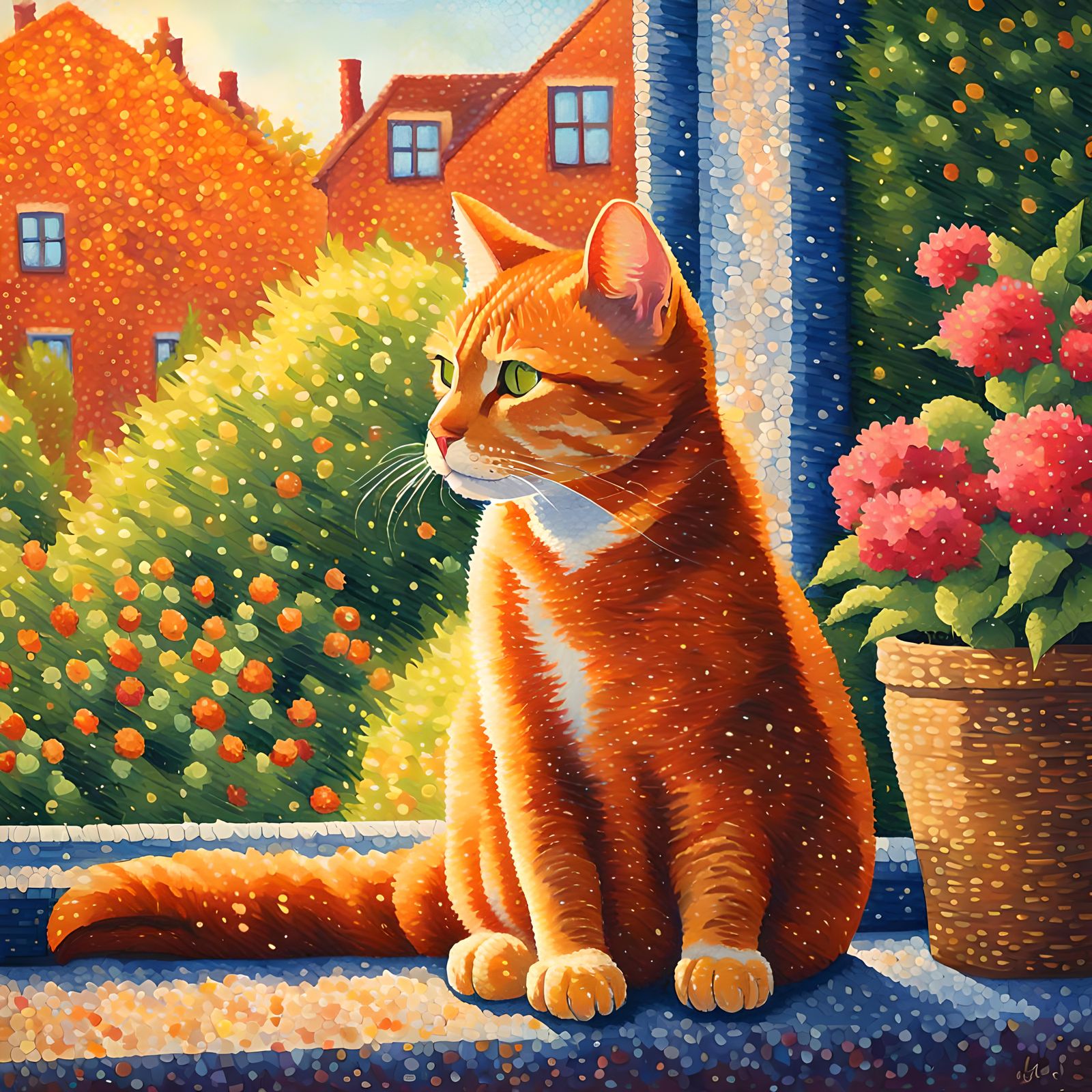 Ginger Cat Sunning: A Pointillist Masterpiece