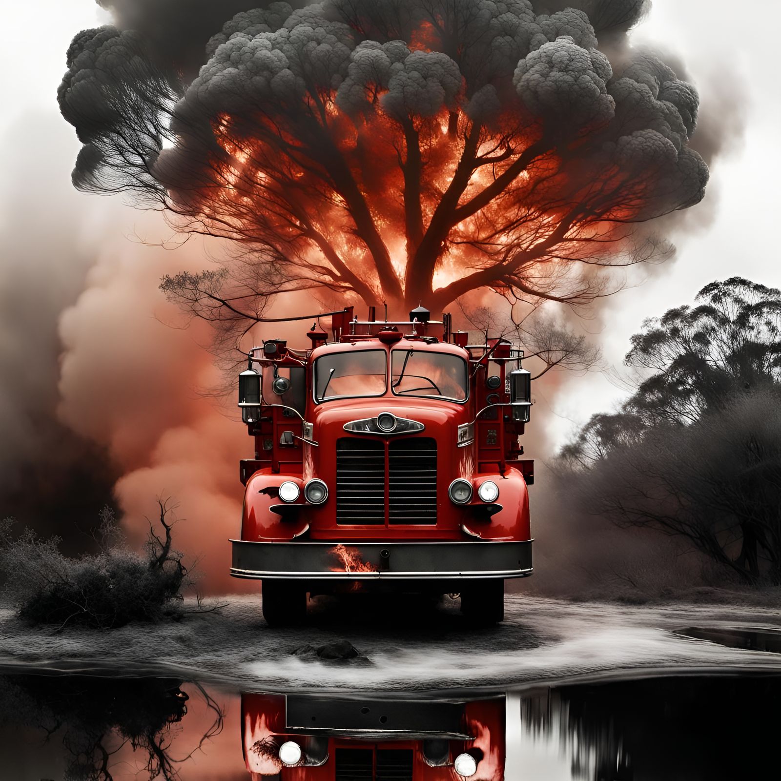 Mechanical Tree Nest and Fire Truck in Dystopian Landscape