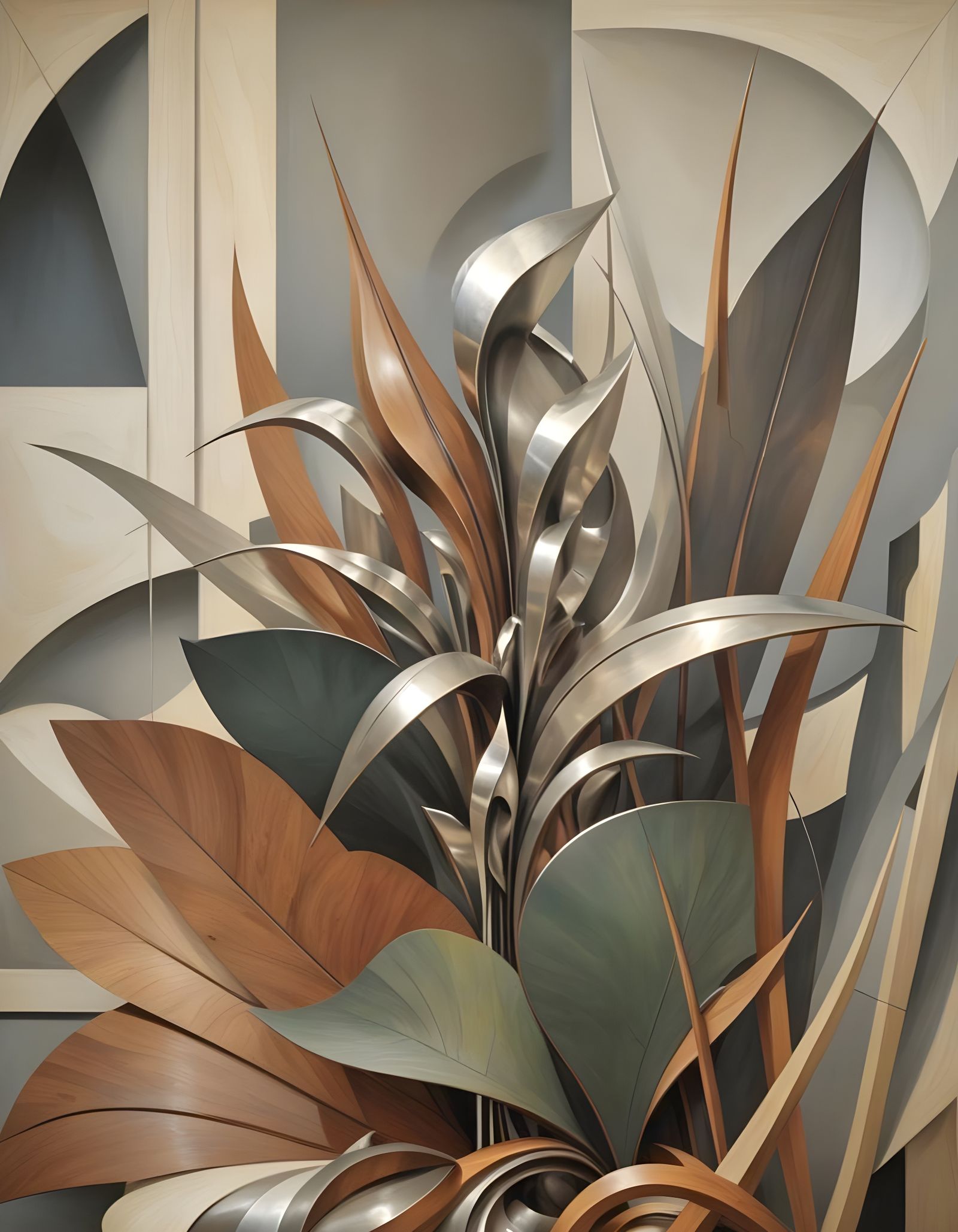 Abstract Wood and Silver Sculpture in Museum