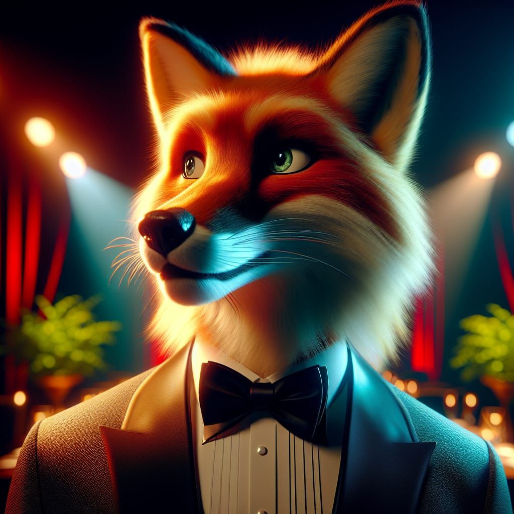 Fox in Tuxedo at Dinner Party: Hyper-Realistic Concept Art