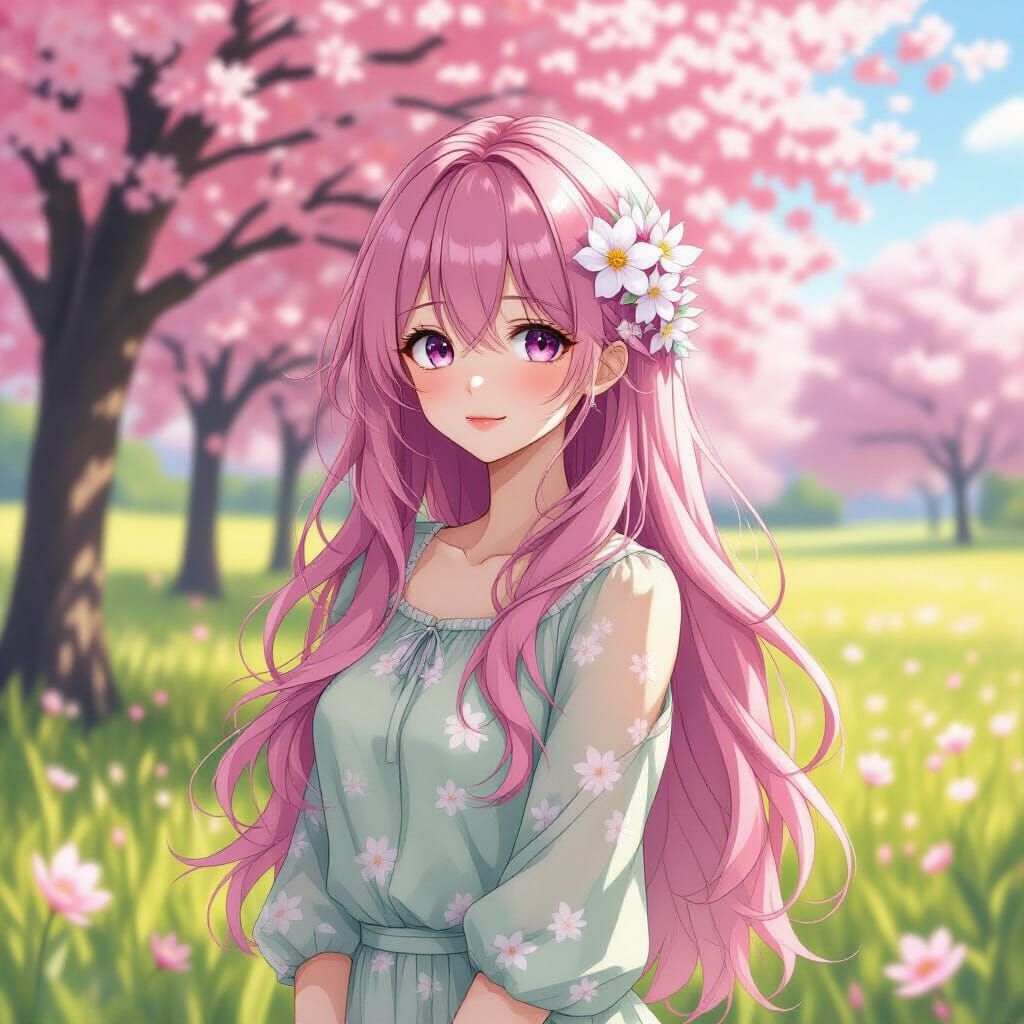 Pink Haired Anime Girl in Flower Field