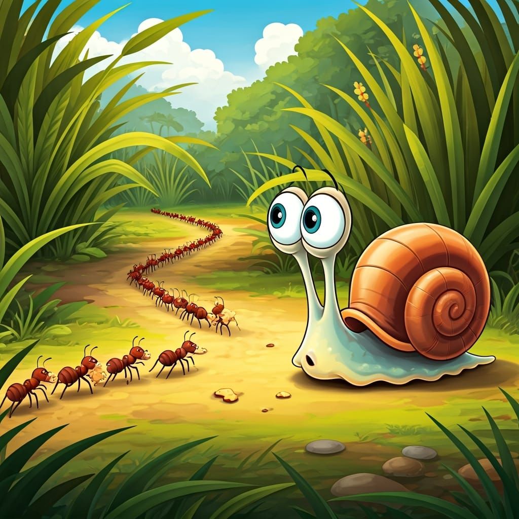 Cartoon Snail Watches Ants with Bulging Eyes