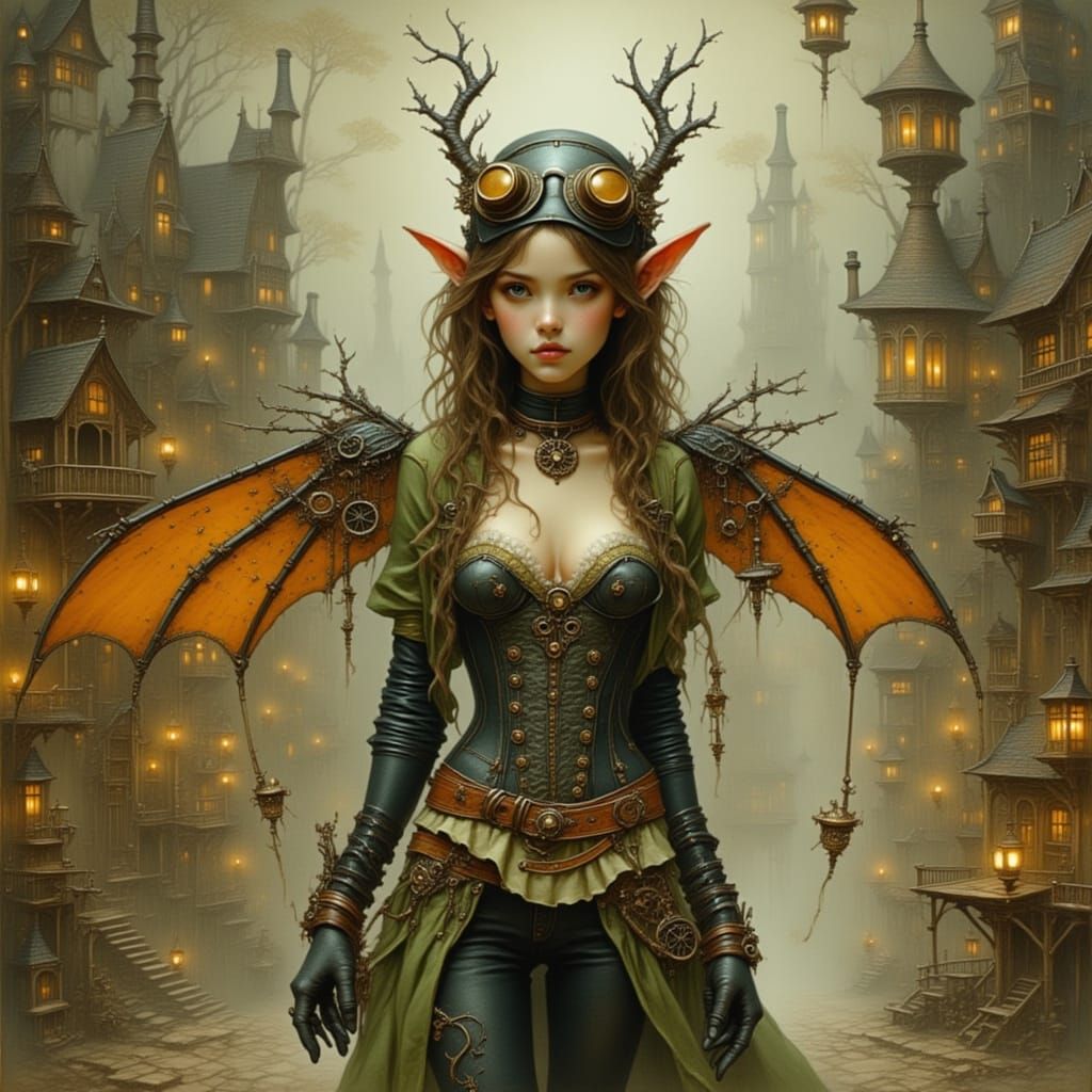 Steampunk Elf in Village with Mechanical Wings