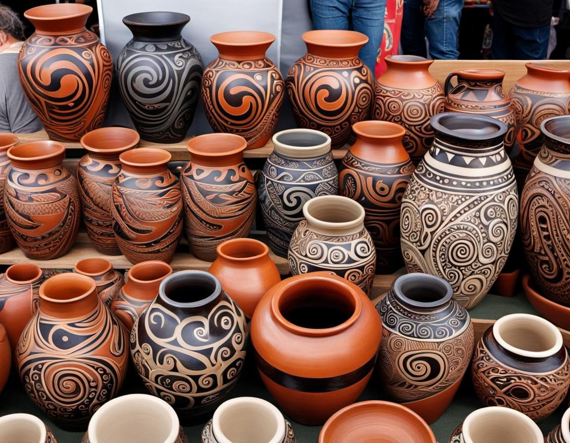 Maori art pottery shown at a booth at a market