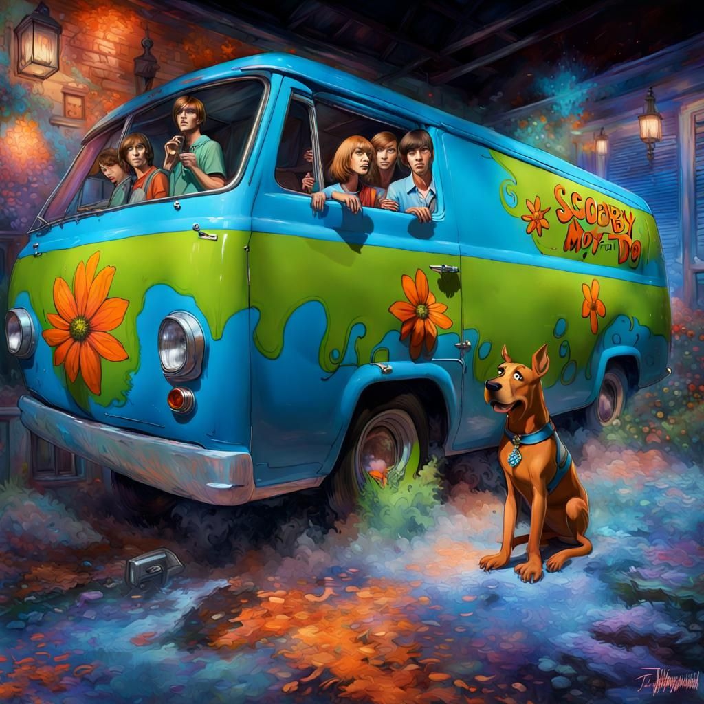 The Scooby-Doo "Mystery Machine" is a blue van painted with orange flowers and green details in 60's style, parked in ma...