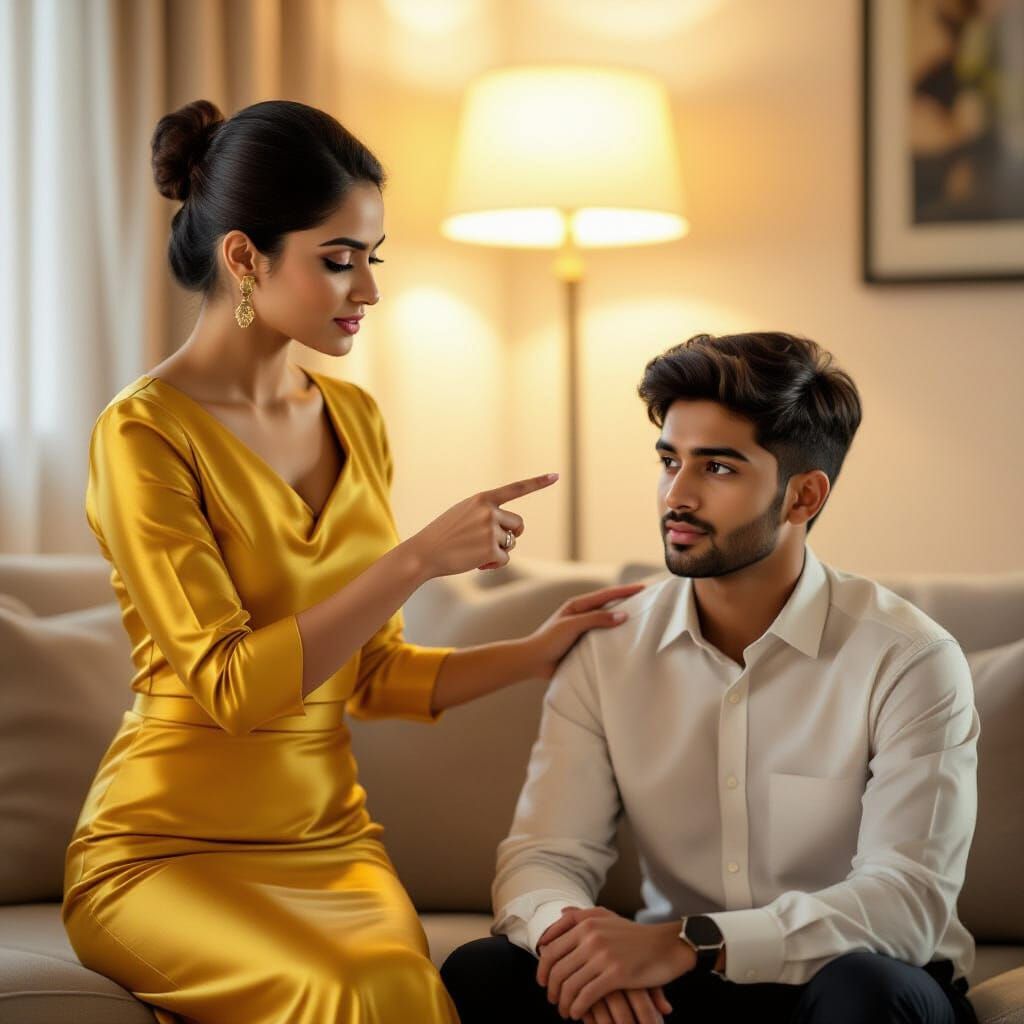 Indian Woman Lecturing Nephew by Sofa, Photorealistic Style
