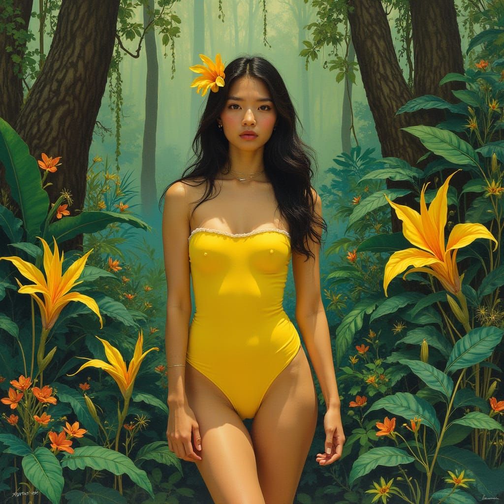 Asian Model in Jungle, Art Nouveau Style