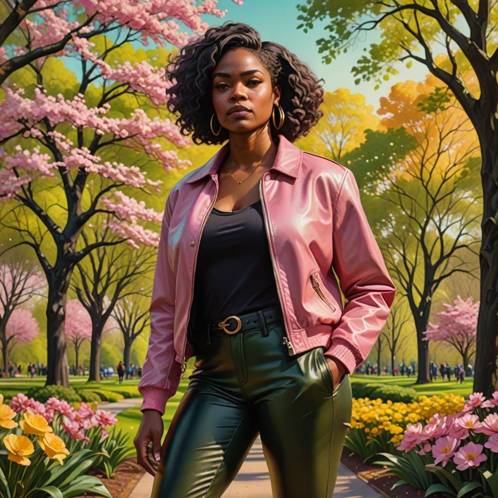 African-American Woman in Pink Jacket, Oil Painting Style