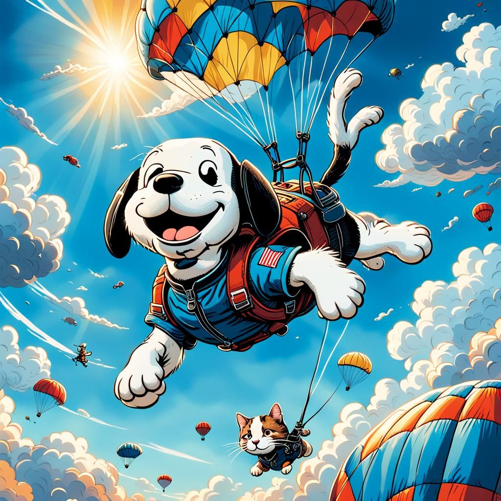 Snoopy Skydiving with a Cat in Comic Book Style
