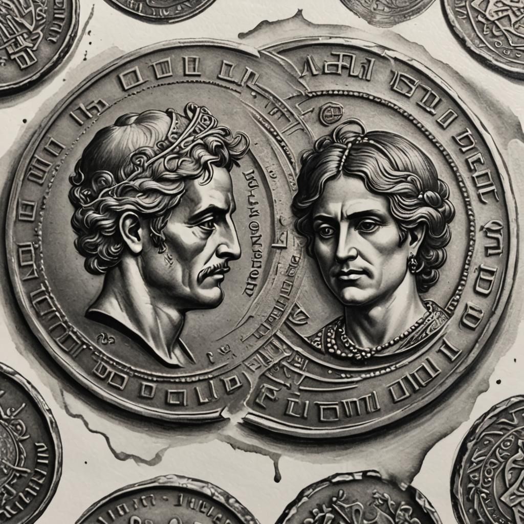 Spanish Doubloon Coins Tattoo Stencil Charcoal Drawing