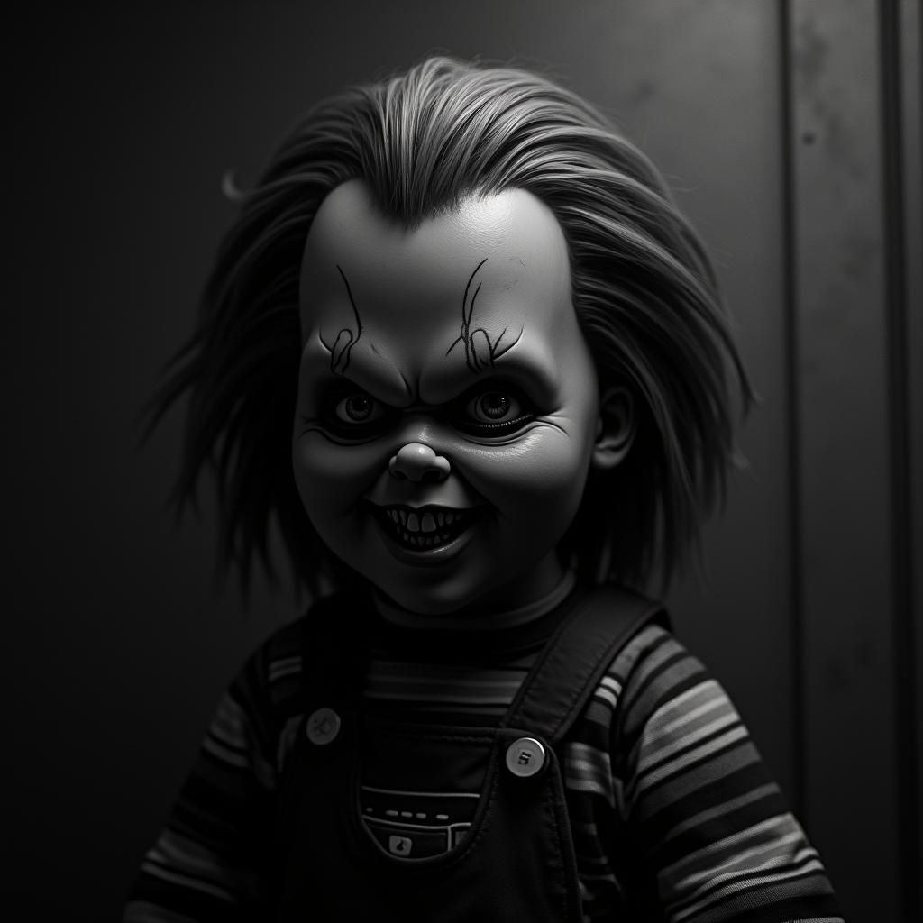 High-Contrast Chucky Doll Portrait in Gothic Style
