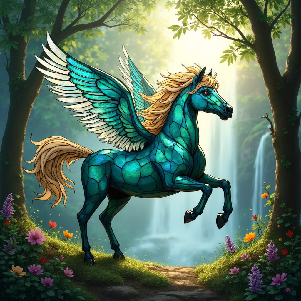 Pegasus with Stained Glass Wings in Enchanted Forest