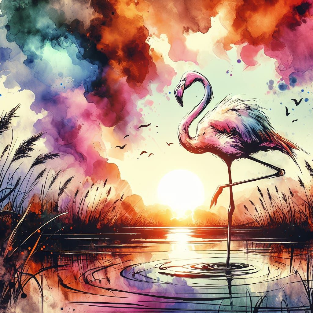 Flamingo in Tranquil Sunset Pond: Watercolor Art