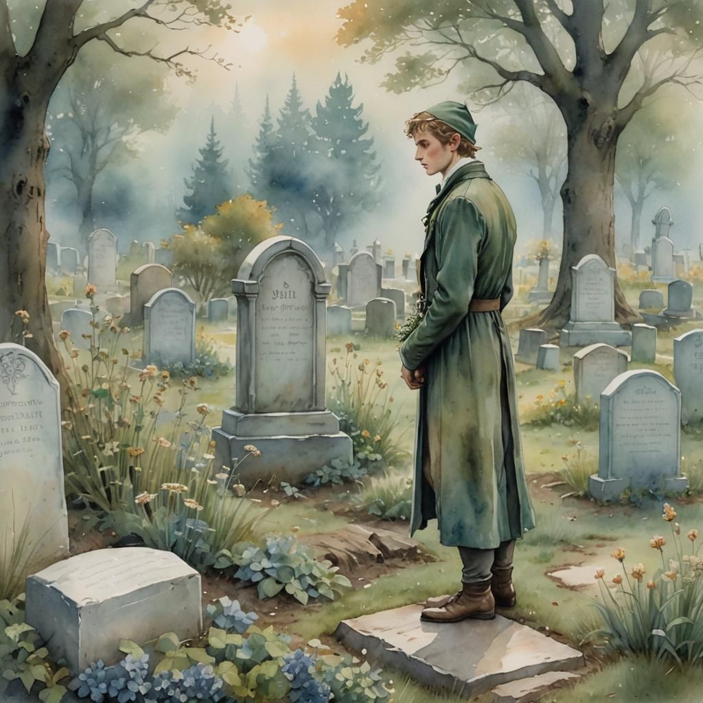 Mournful Elf at Grave: Watercolor Art Nouveau Style