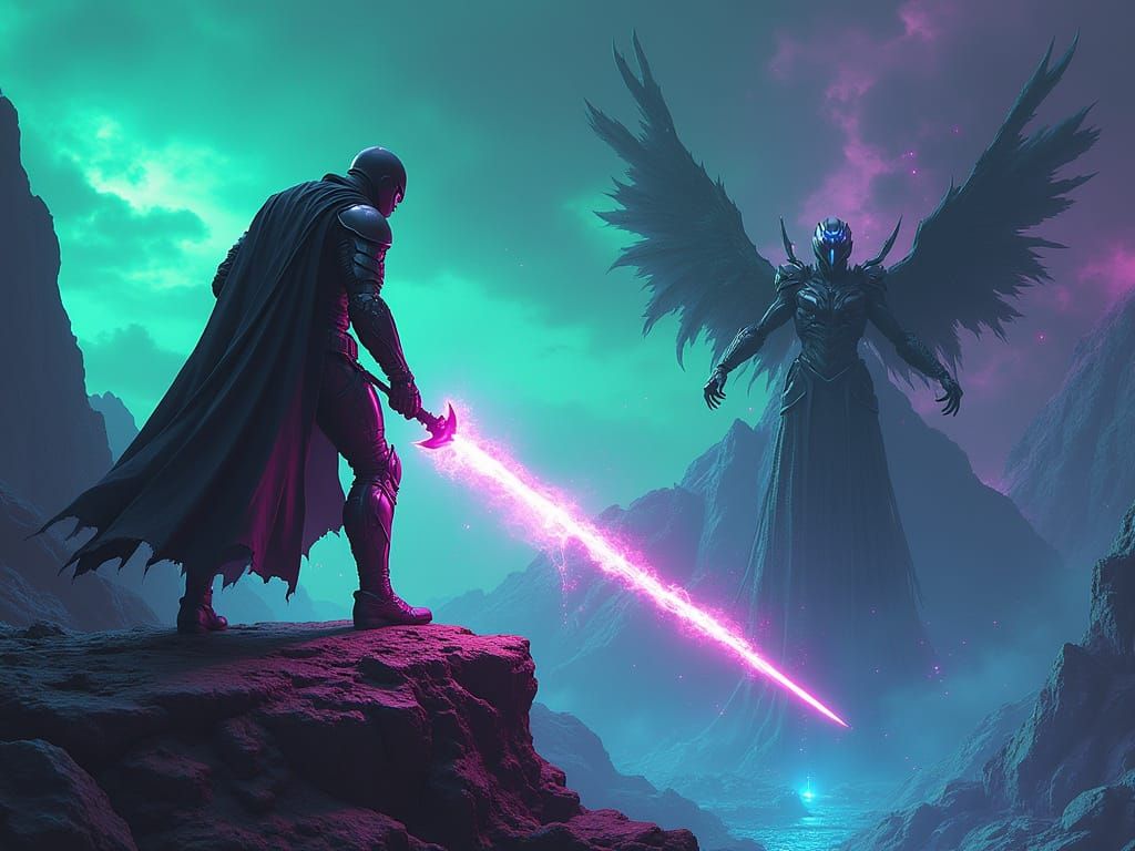 Hero and Villain Confrontation in Futuristic Landscape
