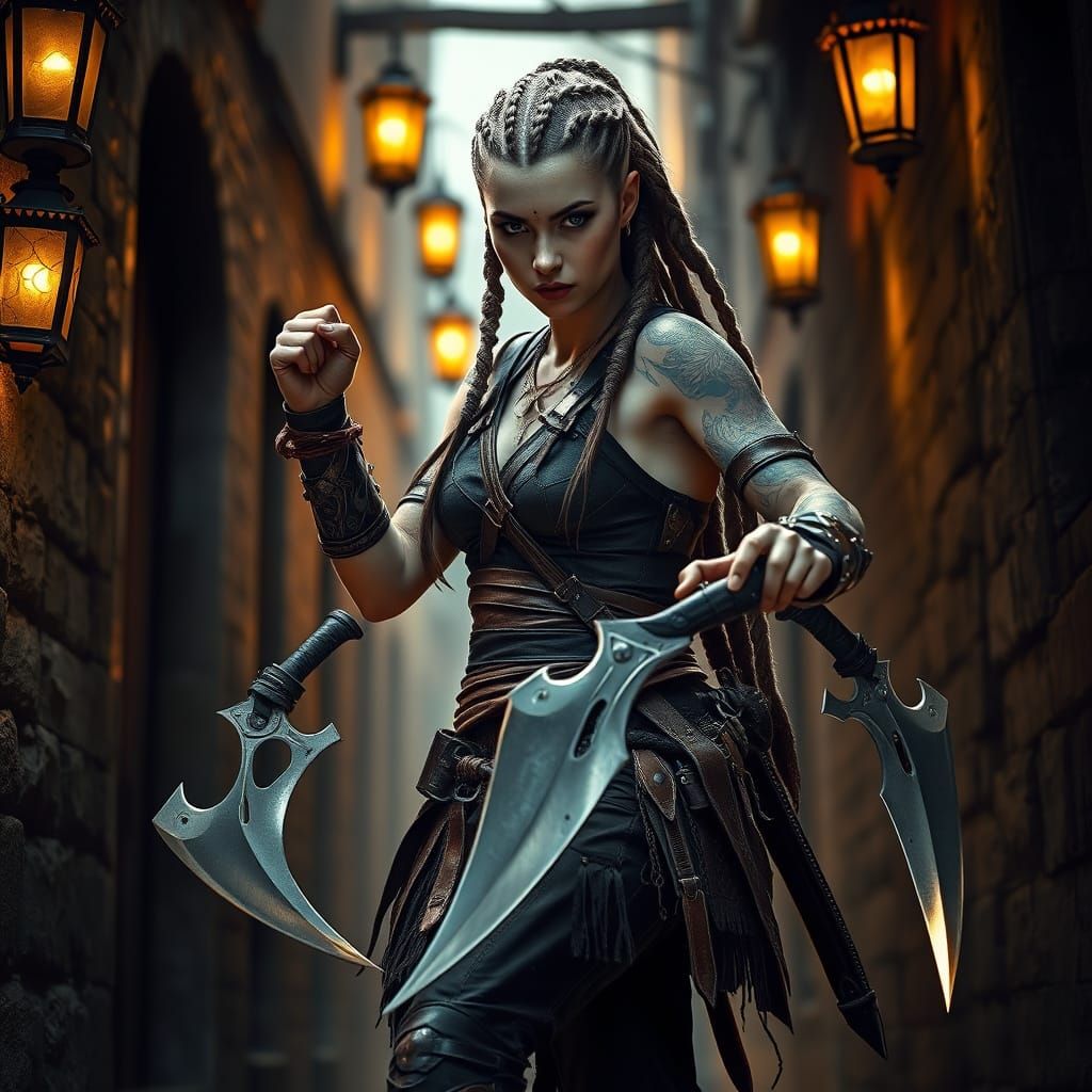Female Warrior with Scimitars in Old World Alleyway