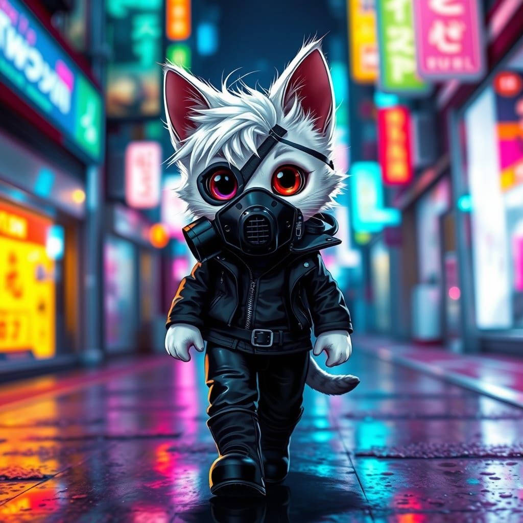 Cyberpunk Kitten Strolls Tokyo Alley