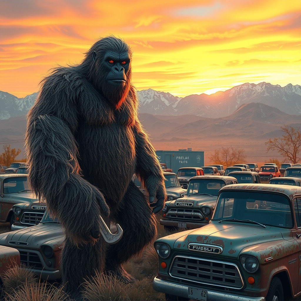 Sasquatch Mechanic in Field of 70s Pickups