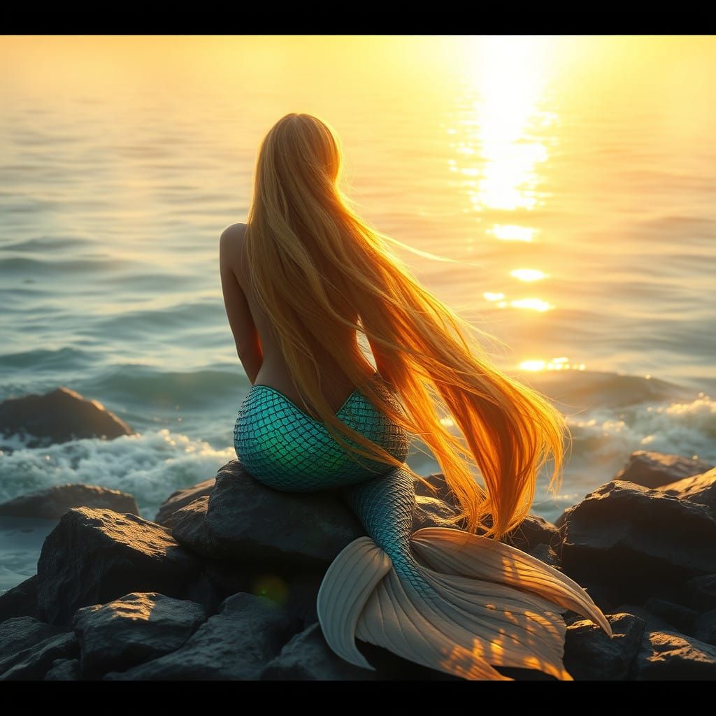 Ethereal Mermaid Perched on Rocky Ocean Shoreline