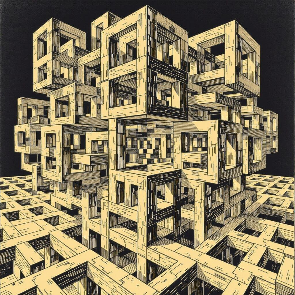 M.C. Escher.. paradoxical art woodcut and woodblock style.. ...