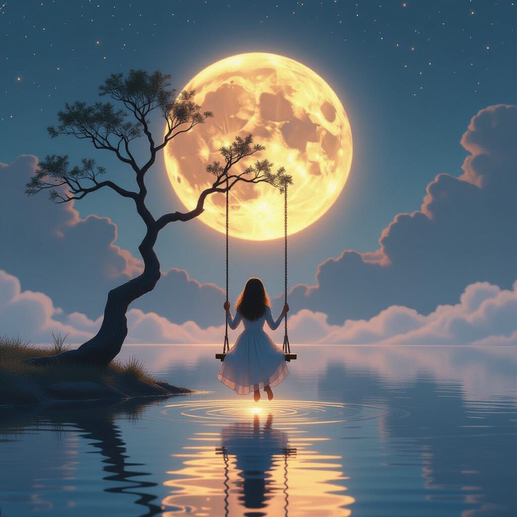 Ethereal Swing: Dreamy Fantasy Scene with Moonlit Aura