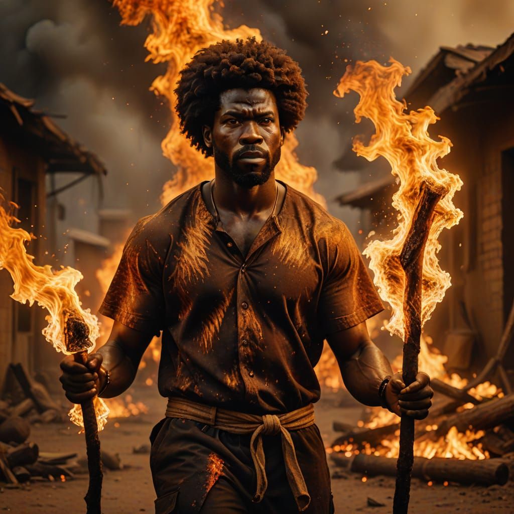 African Man Walking in Fire: Hyperrealistic Portrait