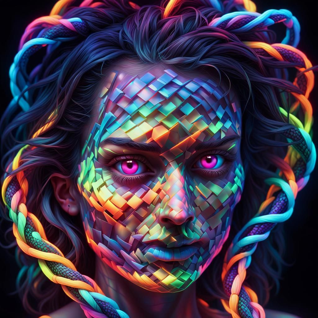 Hyperrealistic Neon Portrait with Pixelated Colors