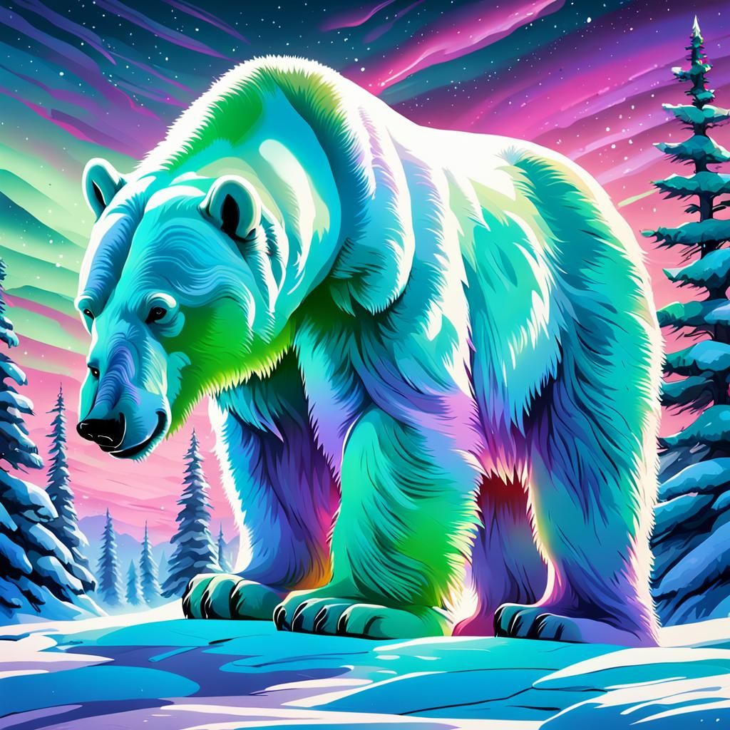 Polar Bears Under Aurora Borealis in Arctic Snowscape
