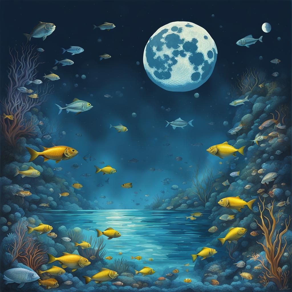 Underwater Moon Viewed by Fish in Biopunk Style