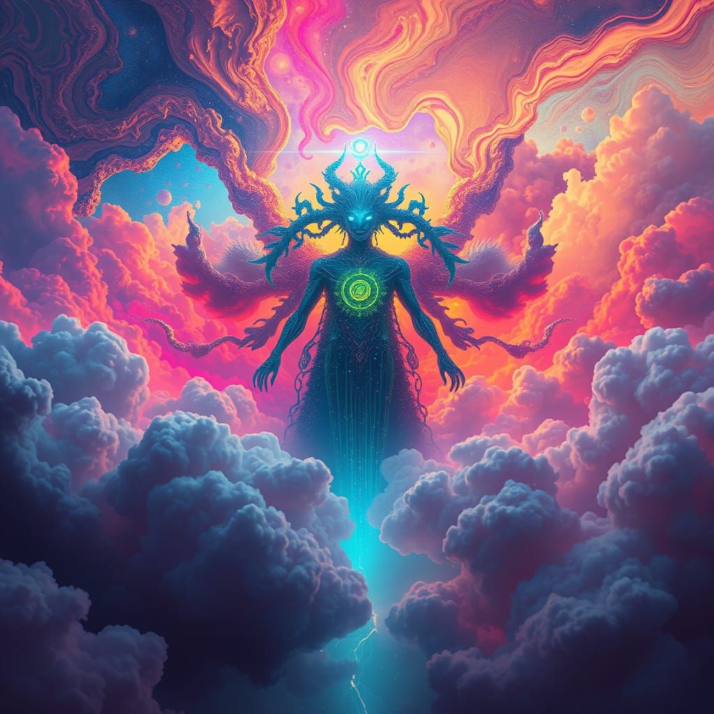 Cosmic Entity in Vibrant Clouds, Cyberpunk Aesthetic