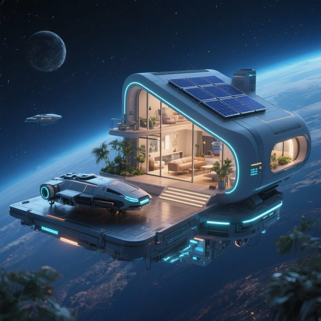 Futuristic Space House with Solar Panels & Night Sky View