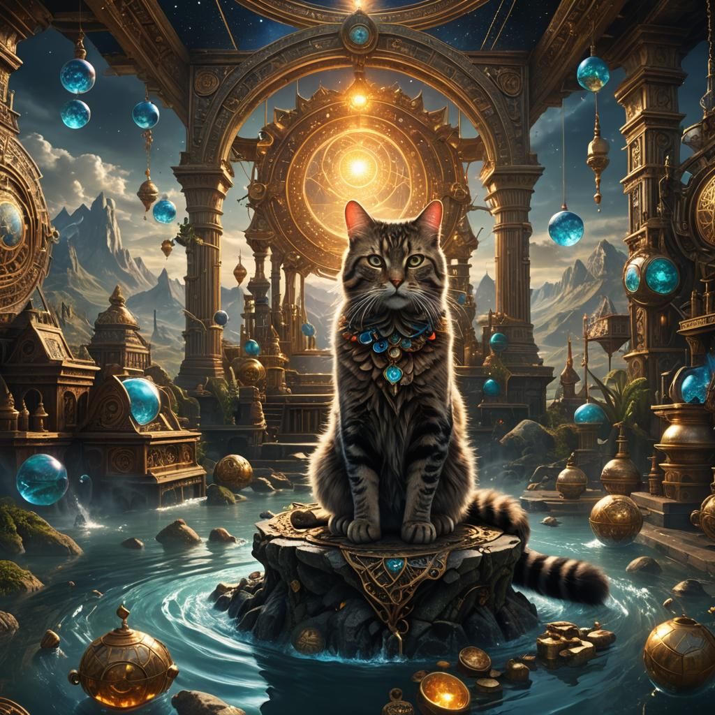 Alchemist Cat Weaving Reality in Digital Painting