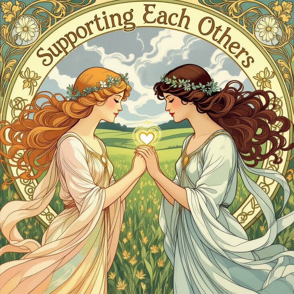 Art Nouveau Figures in Lush Fields with Golden Light