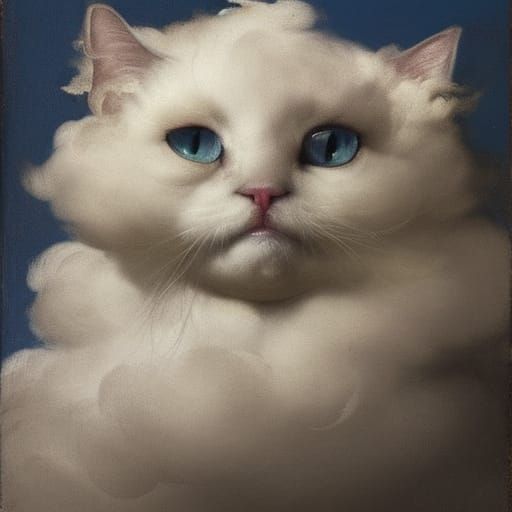 Atmospheric Cloud Cat Portrait in Oil on Canvas